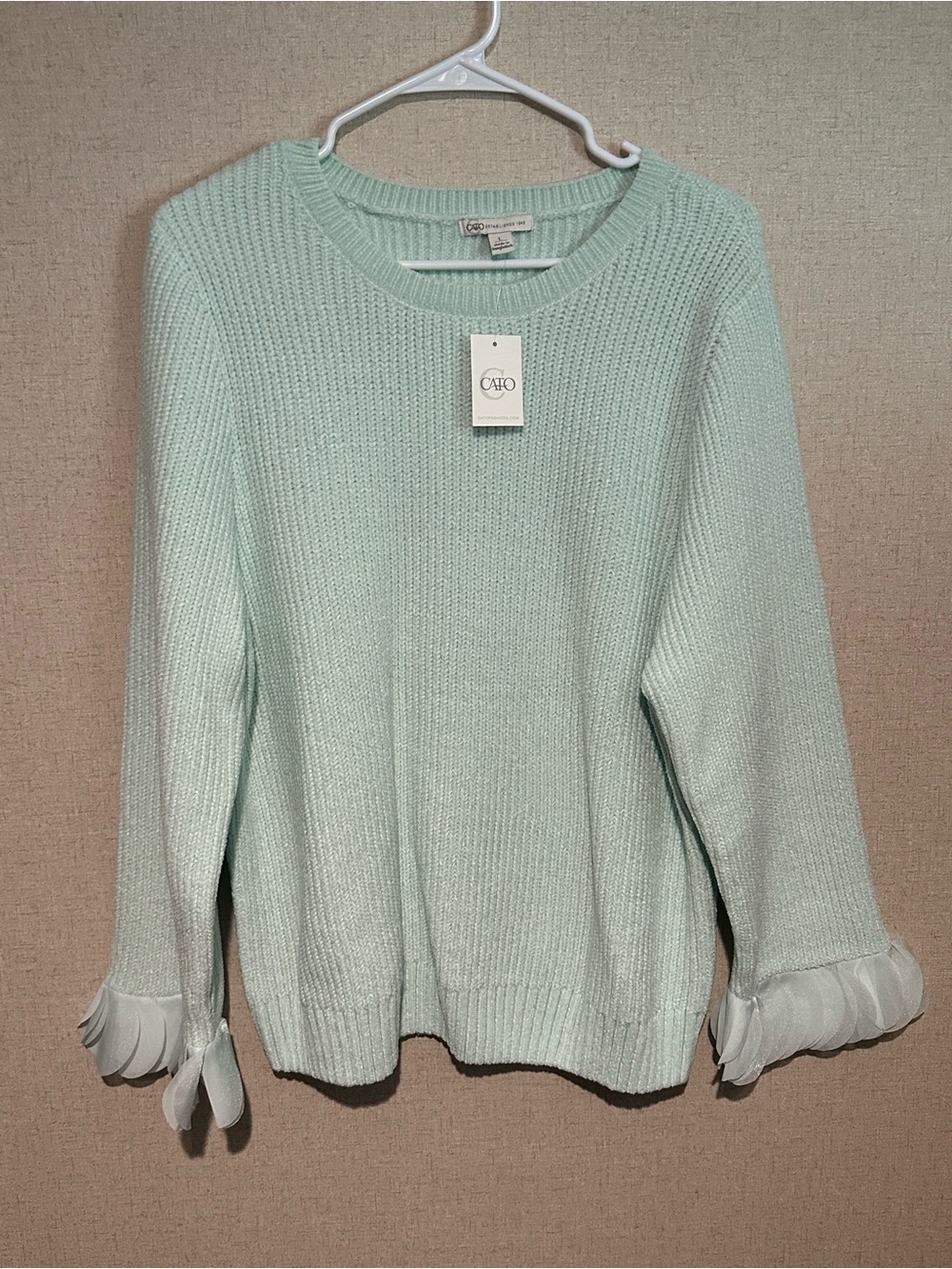 Cato Large Mint Green Classic Crewneck Pullover Sweater with Flounced Cuffs